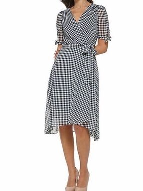 Tommy Hilfiger Blue & White Gingham Wrap Midi Dress with Tie Waist